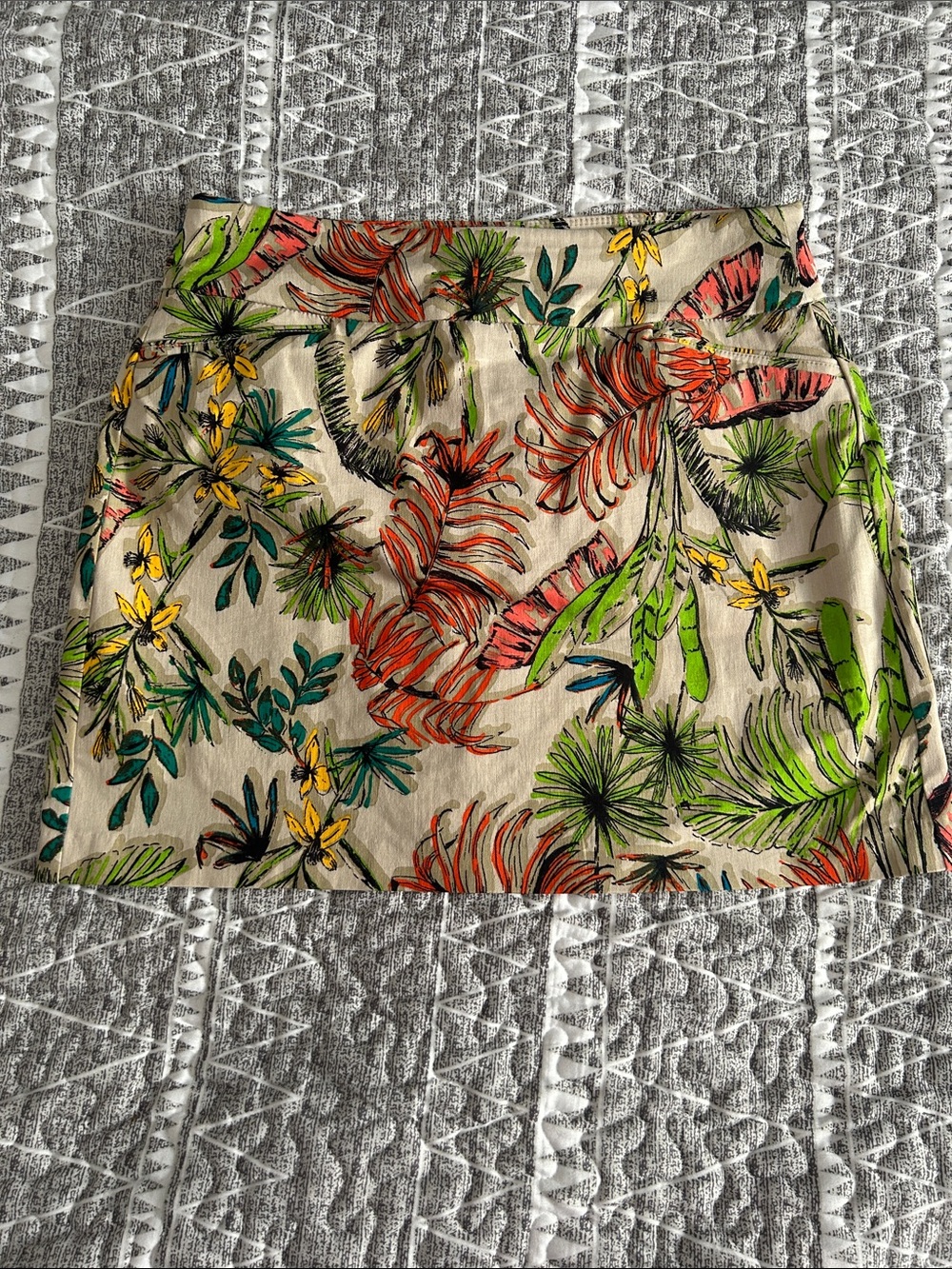 Attyre Beige Mini Skort with Green, Coral & Yellow Tropical Print